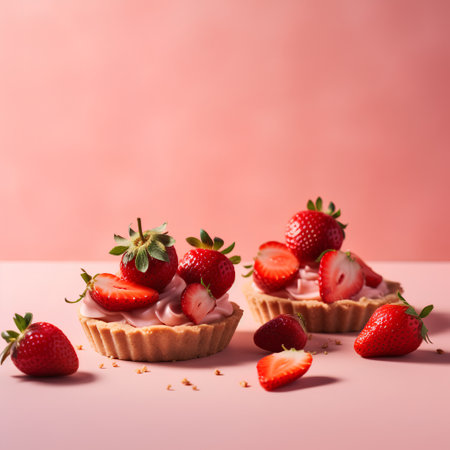 Delicious tartlets with fresh strawberries on pink background, copy spaceの素材