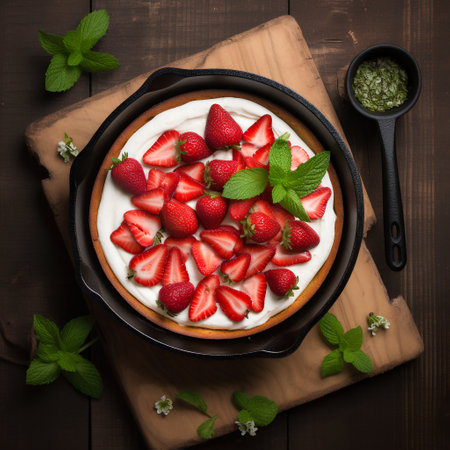 Cheesecake with fresh strawberries and mint on wooden background, top viewの素材