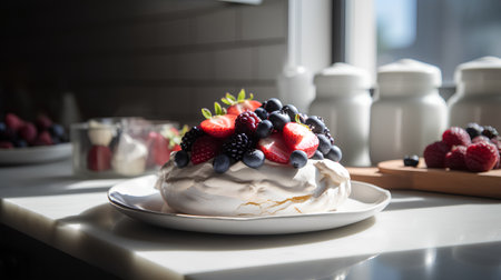 Meringue Pavlova with fresh berries on a white plateの素材