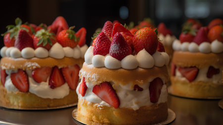 Strawberry cakes with whipped cream and fresh strawberries on top.の素材