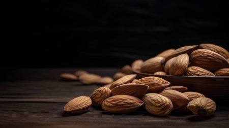 Almond nuts in a wooden bowl on a dark wooden background.の素材