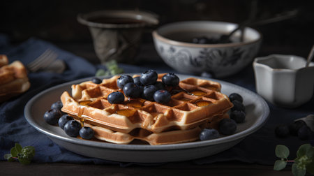 Belgian waffles with fresh blueberries and honey, selective focusの素材