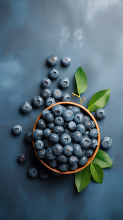 Fresh blueberries with green leaves in wooden bowl on dark blue background.の素材