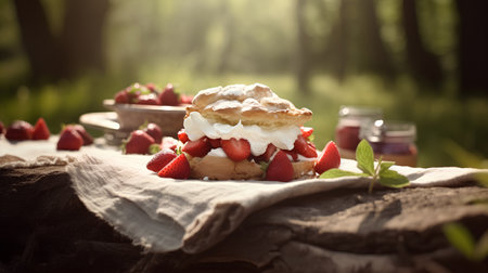 Strawberry cake with whipped cream and fresh strawberries on rustic backgroundの素材
