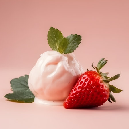 strawberry ice cream with mint on pink background, closeupの素材
