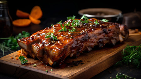 Spicy barbecue pork ribs with herbs on a wooden cutting board.の素材