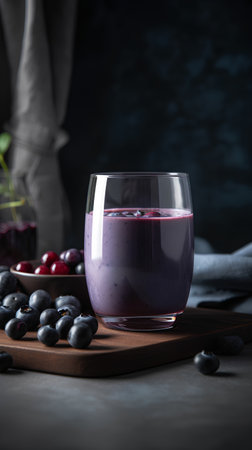 Blueberry smoothie in a glass on a wooden board with fresh berries on a dark backgroundの素材