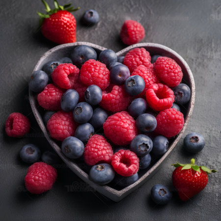 Ripe blueberries and raspberries in heart shaped bowl on black backgroundの素材