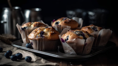 Homemade blueberry muffins with fresh berries, selective focus.の素材