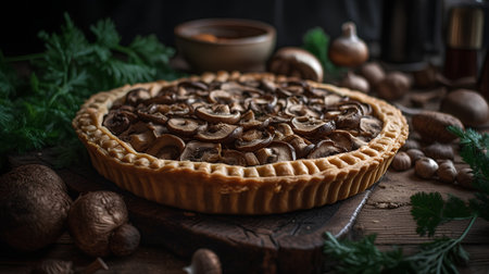 Delicious homemade pie with champignons and nuts on wooden tableの素材
