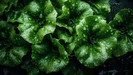 Close up of green leaves with water droplets on black background.の素材