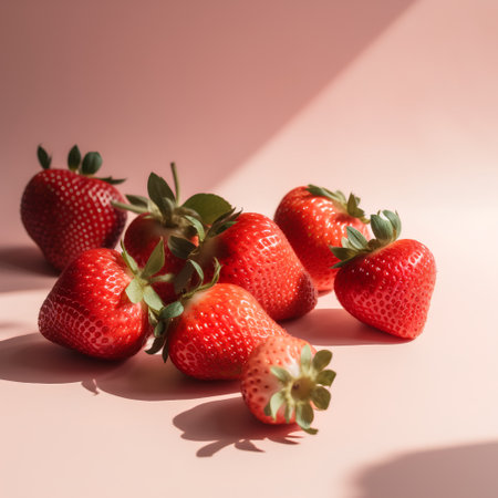 Strawberries on pink background with hard shadows. Minimal concept.の素材