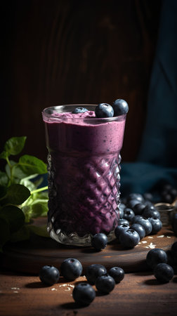 Blueberry smoothie in glass with fresh berries on dark wooden backgroundの素材