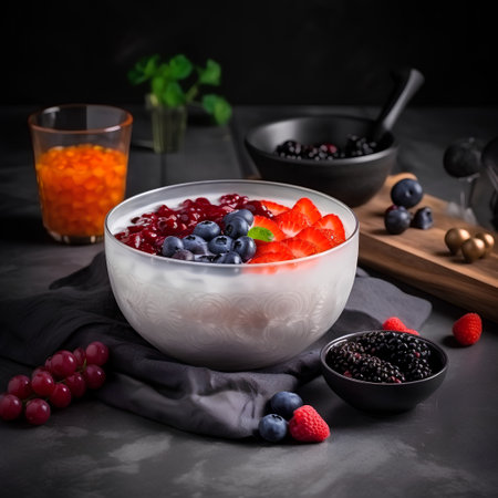 Panna cotta with berries in a bowl on a black backgroundの素材
