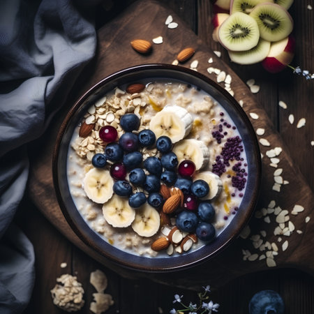 Oatmeal with banana, blueberry, kiwi and almond in a bowl on wooden backgroundの素材