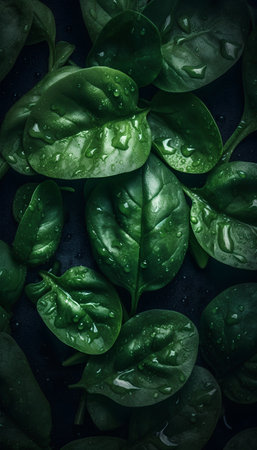 Fresh green basil leaves with water drops on dark background. Top view.の素材