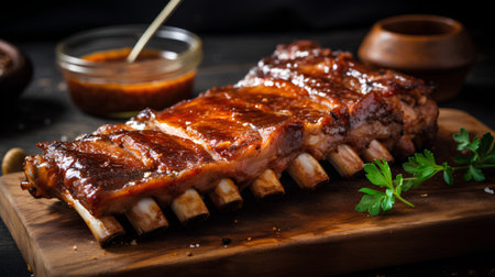 Grilled pork ribs with sauce on a wooden board. Dark background.の素材