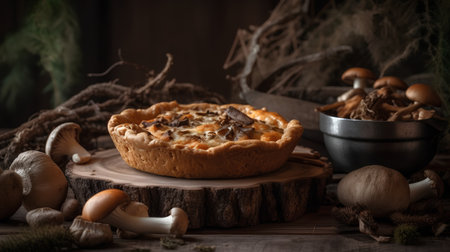 Homemade mushroom tart on a rustic wooden background, selective focusの素材
