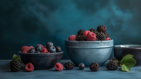 Blackberries, raspberries and blueberries in ceramic bowls on blue backgroundの素材