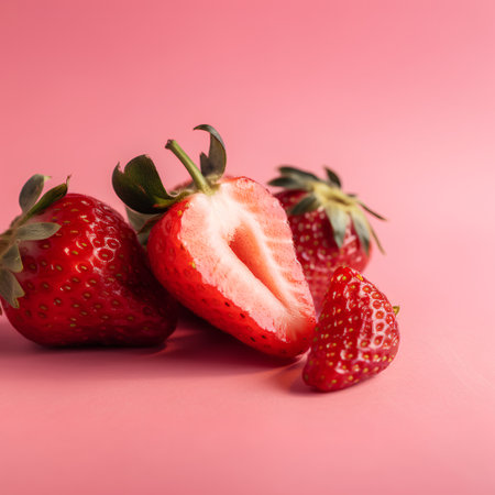 Strawberries on a pink background. Healthy food concept. Place for text.の素材