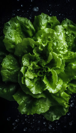 Fresh green lettuce with water drops on black background. Toned.の素材