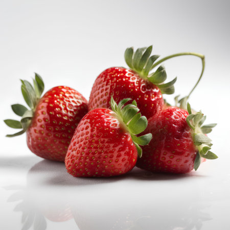 Strawberries on a white background. Ripe strawberries with leaves.の素材