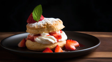 Cream scones with strawberries and whipped cream on a black backgroundの素材