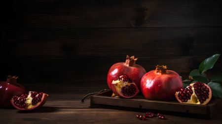 Ripe pomegranates on a wooden background with copy spaceの素材