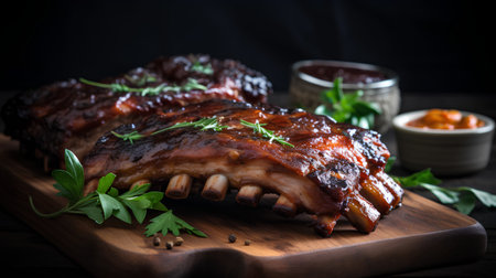 Grilled spare ribs with barbecue sauce and herbs on wooden board.の素材
