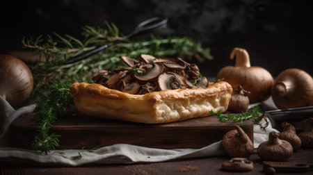 Mushroom tart on wooden board. Dark rustic style.の素材