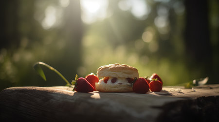 Creamy scone with strawberry on wooden table in forest.の素材