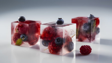 Frozen berries in ice cube on white background. 3d illustrationの素材
