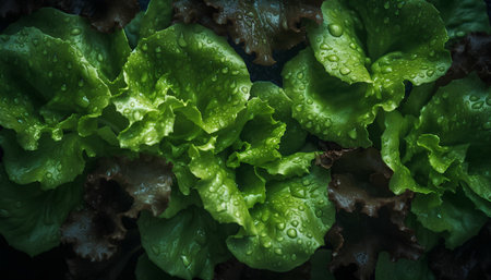 Close up of fresh green lettuce with water drops on dark background.の素材