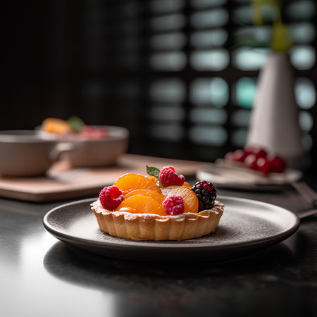 Delicious tartlets with berries on a black table. Selective focus.の素材