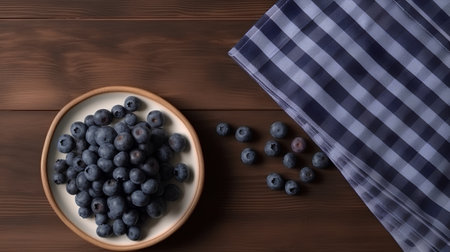 Blueberries in a plate on a wooden table. Top view.の素材