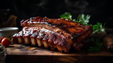 Grilled pork ribs with herbs and spices on wooden cutting board.の素材