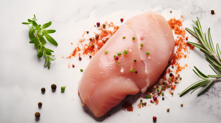 Raw chicken fillet with herbs and spices on a light background, top viewの素材