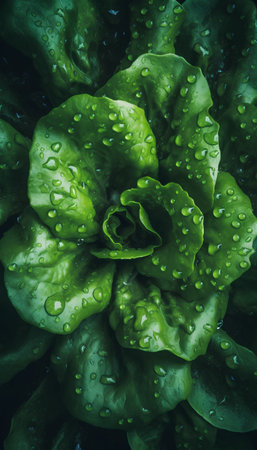 Water drops on green leaves of succulent plant. Flat lay.の素材