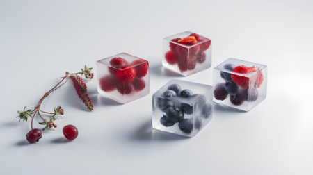 Frozen berries in ice cubes on a white background with copy spaceの素材