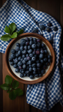 Blueberries in a bowl on a wooden background. Top view.の素材