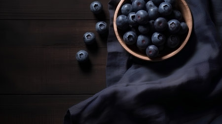 Fresh blueberries in a wooden bowl on a dark wooden background.の素材