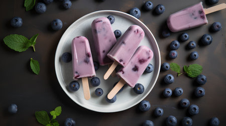 Homemade blueberry popsicles with fresh berries on a dark background, top viewの素材