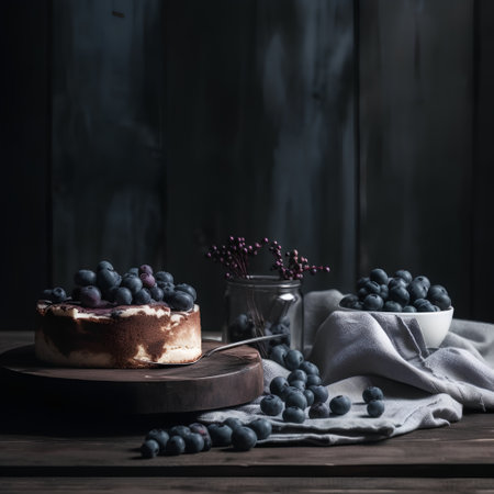 Homemade cheesecake with blueberries on rustic wooden background, selective focusの素材