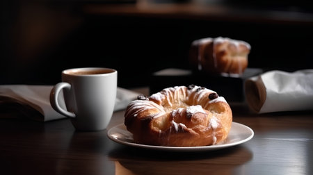 Breakfast with coffee and croissants on a wooden table.の素材