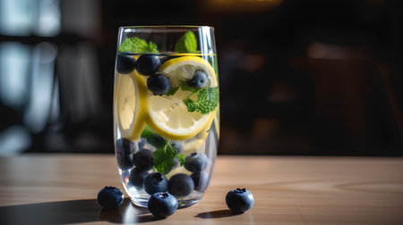 Lemonade with blueberries and mint in a glass on a wooden tableの素材