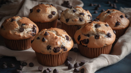 Homemade chocolate muffins with raisins and chocolate chips on dark backgroundの素材
