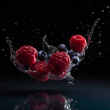 Falling raspberries and blueberries in water splash on black backgroundの素材