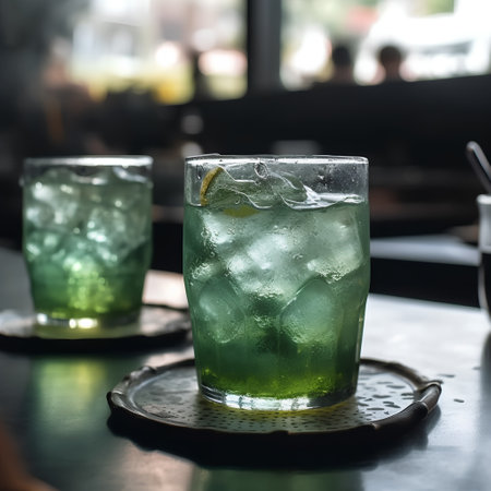 Green soda with ice cubes on the table in a pub, stock photoの素材