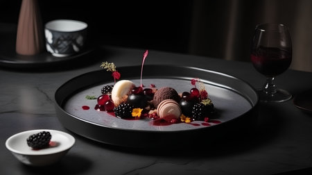 chocolate dessert with fruits and berries on a black plate in a restaurantの素材