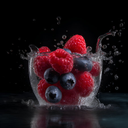 Falling raspberries and blueberries in water splash on black backgroundの素材